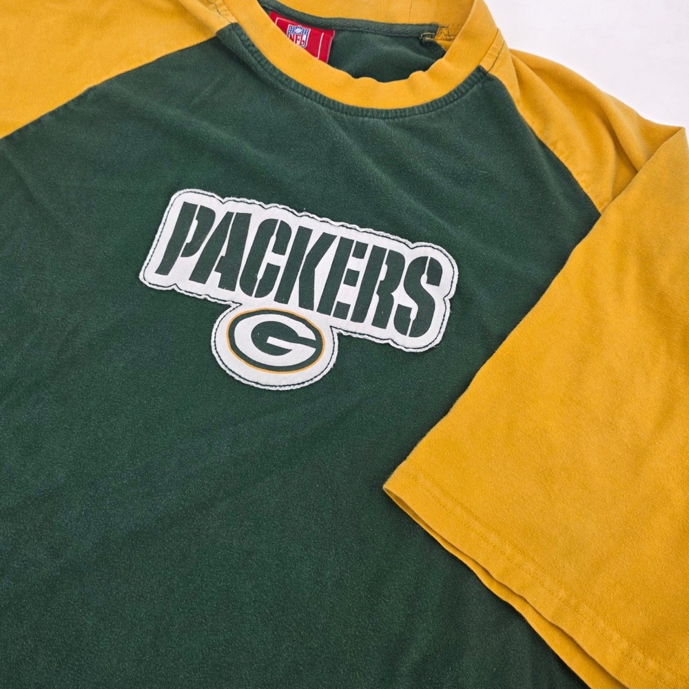 VINTAGE Y2K GREEN BAY PACKERS RAGLAN SHIRT MENS XL GREEN YELLOW NFL FADED PATCH